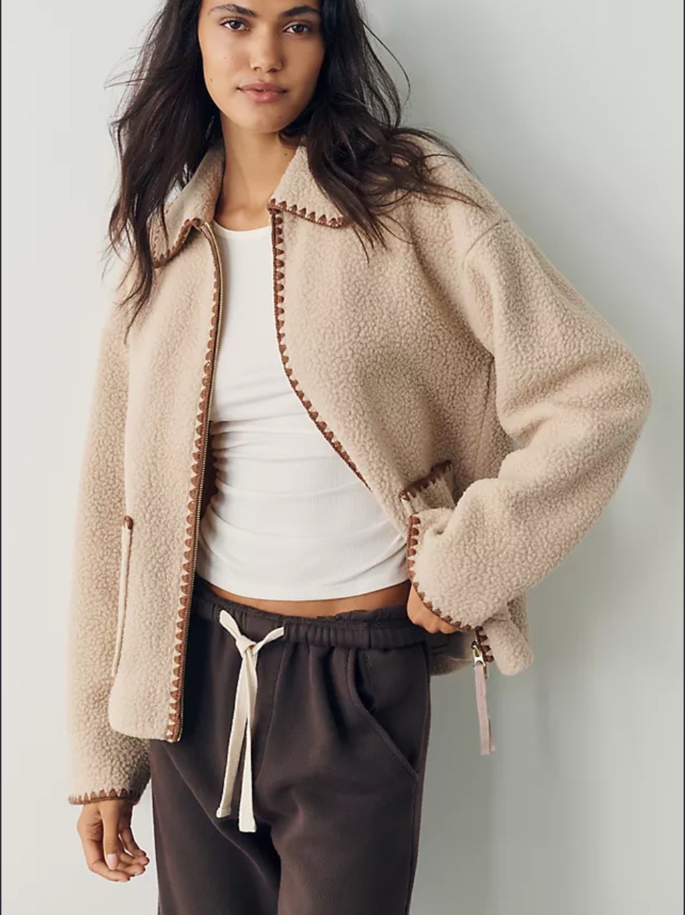 Faherty Cream Sherpa Zip Jacket with Brown Trim